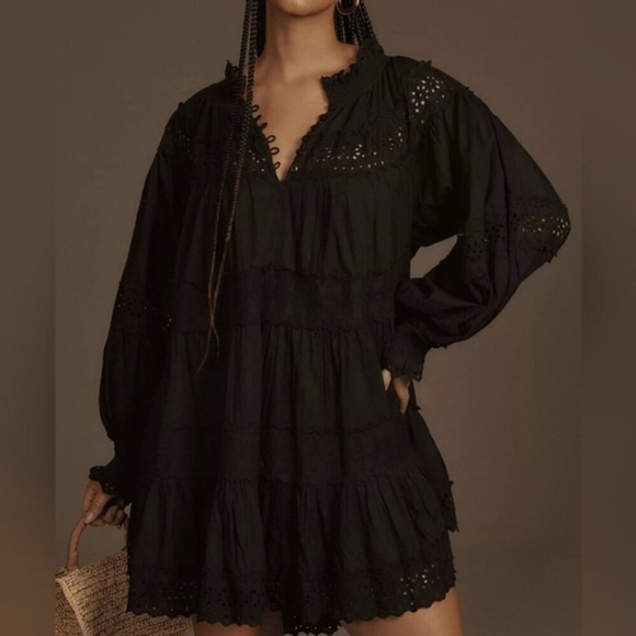 Anthropologie Maeve Eyelet Long-Sleeve Lace Mini Dress - Picture 3 of 10